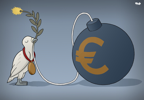 Cartoon: EU Wins Nobel Peace Prize (medium) by Tjeerd Royaards tagged euro,europe,nobel,peace,prize,war,germany,france,conflict,euro,europe,nobel,peace,prize,war,germany,france,conflict