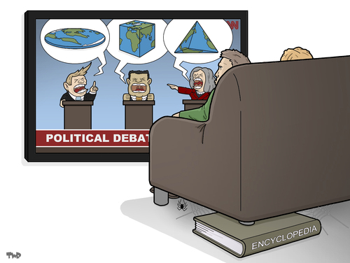 Cartoon: Fact Free Politics (medium) by Tjeerd Royaards tagged truth,politics,debate,fact,facts,lie,lying,politicans,truth,politics,debate,fact,facts,lie,lying,politicans