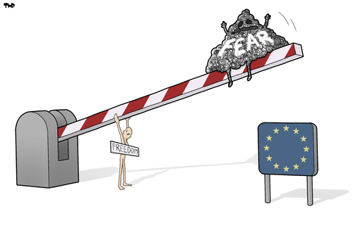 Cartoon: Freedom Versus Fear (medium) by Tjeerd Royaards tagged europe,thalys,schengen,borders,terrorism,freedom,safety,eu,europe,thalys,schengen,borders,terrorism,freedom,safety,eu