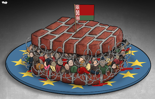 Cartoon: Geopolitical sandwich (medium) by Tjeerd Royaards tagged refigees,migrants,border,eu,europe,poland,belarus,russia,refigees,migrants,border,eu,europe,poland,belarus,russia