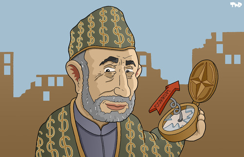 Cartoon: Hamid Karzai (medium) by Tjeerd Royaards tagged karzai,afghanistan,corrution,nato,strategy,democracy,hamid karzai,karikatur,karikaturen,afghanistan,nato,hamid,karzai