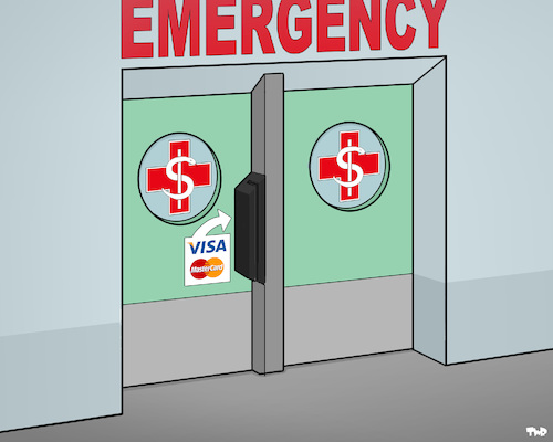 Cartoon: Health Care (medium) by Tjeerd Royaards tagged health,hospital,emergrncy,money,visa,mastercard,health,hospital,emergrncy,money,visa,mastercard