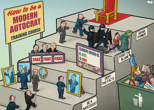 Cartoon: How to be a modern autocrat (medium) by Tjeerd Royaards tagged dictator,autocrat,democracy,scapegoat,politics,fake,news,dictator,autocrat,democracy,scapegoat,politics,fake,news