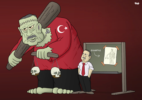 Cartoon: Justice in Turkey (medium) by Tjeerd Royaards tagged erdogan,turkey,corruption,law,court,justice,erdogan,turkey,corruption,law,court,justice