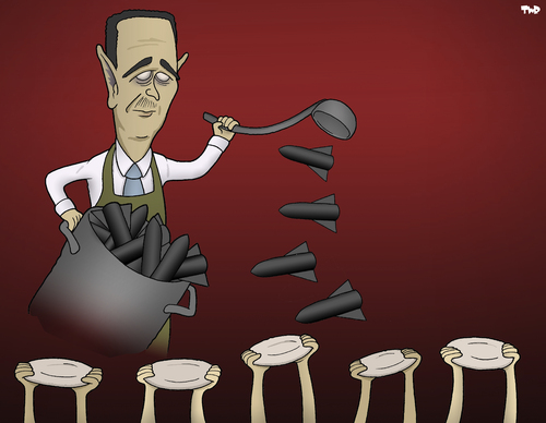 Cartoon: Let Them Eat War (medium) by Tjeerd Royaards tagged assad,syria,hunger,war,conflict,bombs,assad,syria,hunger,war,conflict,bombs