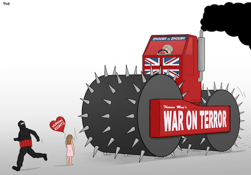Cartoon: May Versus Terrorism (medium) by Tjeerd Royaards tagged may,uk,terrorism,terror,human,rights,terrorists,may,uk,terrorism,terror,human,rights,terrorists