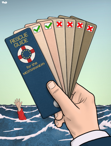 Cartoon: Mediterranean Rescue Guide (medium) by Tjeerd Royaards tagged rescue,migrants,drowning,crime,law,illegal,rescue,migrants,drowning,crime,law,illegal