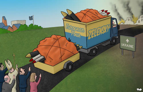 Cartoon: On tour (medium) by Tjeerd Royaards tagged zelensky,ukraine,war,russia,europe,weapons,help,support,zelensky,ukraine,war,russia,europe,weapons,help,support