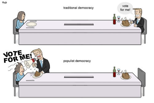 Cartoon: Populism (medium) by Tjeerd Royaards tagged democracy,ballot,box,politician,elections,promises,populism,vote,voter,democracy,ballot,box,politician,elections,promises,populism,vote,voter