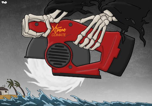 Cartoon: Power Tool (medium) by Tjeerd Royaards tagged storm,wind,hurricane,death,destruction,climate,storm,wind,hurricane,death,destruction,climate