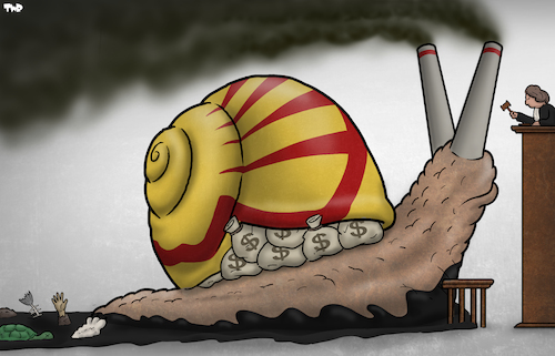 Cartoon: Shell in court (medium) by Tjeerd Royaards tagged shell,climate,change,global,warming,emissions,carbon,environment,nature,oil,shell,climate,change,global,warming,emissions,carbon,environment,nature,oil
