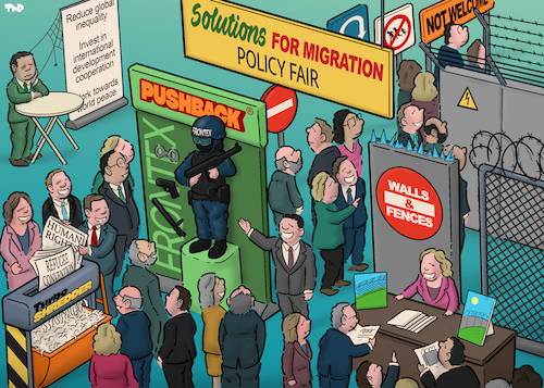 Cartoon: Solutions for migration (medium) by Tjeerd Royaards tagged migration,migrants,refugees,asylum,policy,borders,migration,migrants,refugees,asylum,policy,borders