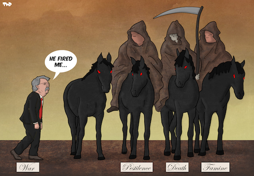 Cartoon: The Fourth Horseman (medium) by Tjeerd Royaards tagged war,trump,bolton,usa,war,trump,bolton,usa