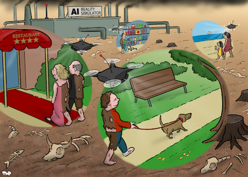 Cartoon: The future is AI (medium) by Tjeerd Royaards tagged ai,future,reality,fake,dystopia