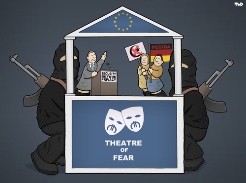 Cartoon: Theatre of Fear (medium) by Tjeerd Royaards tagged terrorism,pegida,europe,germany,security,privacy,islam,muslims,religion,terrorists,terrorism,pegida,europe,germany,security,privacy,islam,muslims,religion,terrorists