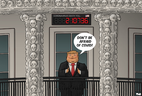 Cartoon: There is nothing to fear (medium) by Tjeerd Royaards tagged trump,usa,corona,death,toll,covid,virus,victims,america,white,house,trump,usa,corona,death,toll,covid,virus,victims,america,white,house