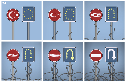 Cartoon: Turkey and the EU (medium) by Tjeerd Royaards tagged wire,barb,crisis,refugees,migrants,turkey,europe,europe,turkey,migrants,refugees,crisis,barb,wire