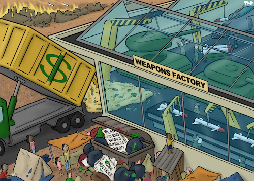 Cartoon: War economy (medium) by Tjeerd Royaards tagged war,violence,profit,business,greed,weapons,factory,hunger,poverty,war,violence,profit,business,greed,weapons,factory,hunger,poverty