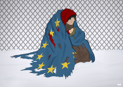 Cartoon: Winter in Europe (medium) by Tjeerd Royaards tagged cold,refugees,eu,flag,blanket,freezing,snow,crisis,cold,refugees,eu,flag,blanket,freezing,snow,crisis