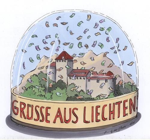 Cartoon: liechtenstein (medium) by woessner tagged flucht,oase,hinterziehung,steuer,finanzkrise,krimi,geld,wirt,schneekugel,liechtenstein,steueroase