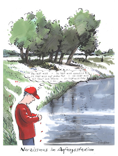 Cartoon: Narzissmus (medium) by woessner tagged cartoons,karikaturen,woessner,persönlichkeitsstörung,altruismus,nächstenliebe,hingabe,blume,blütenblätter,ritual,aberglaube,orakel,unsicherheit,selbstzweifel,eifersucht,psychisch,sie,liebt,mich,narzissmus,anfangsstadium,eigenliebe,selbstbewusstsein,pubertät,liebe,zweifel,selbstliebe,egoismus,ichbezogenheit,beginn,symptome,psychologie,persönlichkeit,charakter,störung,cartoons,karikaturen,woessner,persönlichkeitsstörung,altruismus,nächstenliebe,hingabe,blume,blütenblätter,ritual,aberglaube,orakel,unsicherheit,selbstzweifel,eifersucht,psychisch,sie,liebt,mich,narzissmus,anfangsstadium,eigenliebe,selbstbewusstsein,pubertät,liebe,zweifel,selbstliebe,egoismus,ichbezogenheit,beginn,symptome,psychologie,persönlichkeit,charakter,störung