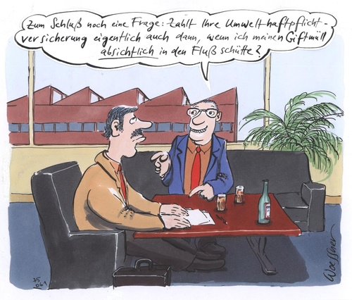 Cartoon: umwelthaftpflicht (medium) by woessner tagged umwelt,haftpflicht,versicherung,absicht,giftmüll,wasser,kriminalität,verschmutzung,wirtschaft