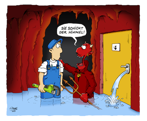Cartoon: Fahr zur Hölle (medium) by MosesCartoons tagged teufel,hölle,handwerk,handwerker,installateur,wasser,wasserschaden,reperatur,wc,arbeit,job