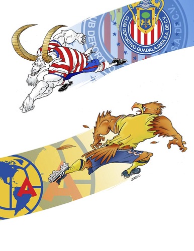 Cartoon: Aguilas Vs Chivas (medium) by JAMEScartoons tagged aguilas,chivas,america,guadalajara,futbol,soccer