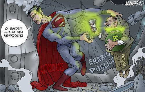Cartoon: El Hombre de a 6 ceros (medium) by JAMEScartoons tagged superman,kiptonita,corrupcion,impunidad,dinero,politico