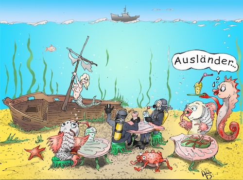 Cartoon: Auf dem Grund (medium) by Back tagged unterwasserwelt,meer,see,diving,tauchen,tourismus,fremder,immigrant,einwanderung,immigration,zuwanderung,zuzug,visumsverbot