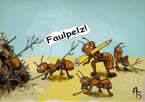 Cartoon: der Faulpelz (medium) by Back tagged arbeit,trupp,parasit,rumtreiber,brotdieb,maler,karikaturist,ameisenhaufen,mannschaft,team,faulpelz,tagedieb,nutzen,funktion