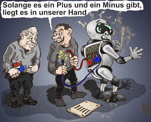 Cartoon: Plus Minus (medium) by Back tagged robot,mensch,barbar,ki,ai,fortschritt,progress,plus,minus,cartoon