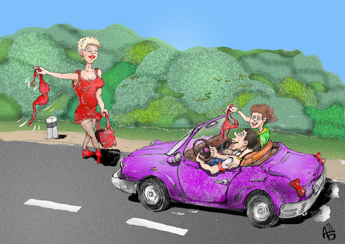 Cartoon: Wettbewerb (medium) by Back tagged anhalter,trampen,fahrsperre,auto,tour,reise