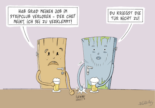 Cartoon: Zu verklemmt (medium) by Thomas Novotny tagged tür,verklemmt,weich,hart,moral,arbeit,arbeitsplatz,verlust,dilemma,leistung,arbeitgeber,arbeitnehmer,bar,club,frustration