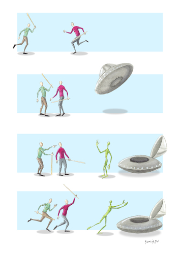 Cartoon: - (medium) by hamitgis tagged cartoon,karikatur,hamit,hamitgis,gis,ufo,uzayli,uzaygemisi,insan,kavga,siddet,korku,yabancikorkusu,onyargi,birlik,ortakdusman,alien,spaceship,flying,saucer,conflict,violence,fear,xenophobia,prejudice,unity,commonenemy