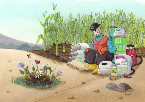 Cartoon: organic (medium) by hamitgis tagged organic,pesticides,chemicals,pollution,nature,protection,health,agriculture,environment,globalwarming,eco,hamit,hamitgis,gis,cartoon,art,drawing