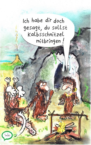 Cartoon: An den Haaren herbeigezogen (medium) by TomPauLeser tagged steinzeit,kalbsschnitzel,schnitzel,prähistorisch,neandertaler,vulkan,höhle,feuerstelle,feuer