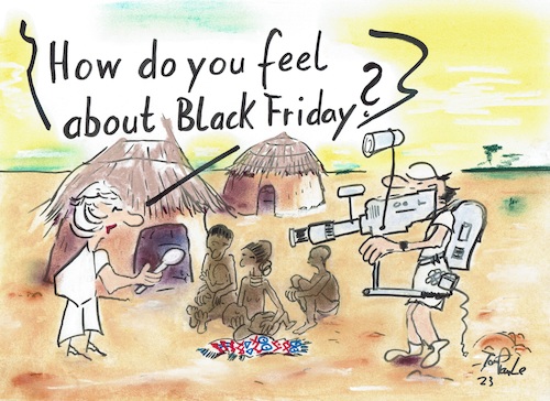Cartoon: Black Friday Feeling (medium) by TomPauLeser tagged black,friday,feeling,africa,indigenous,peoples,african,hut,huts,camera,operator,moderator,report,tv,online,week,day,shopping