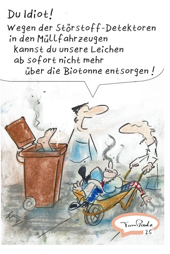 Cartoon: Intelligente Müllautos (medium) by TomPauLeser tagged intelligent,müllauto,wertstoffscanner,entsorgen,sensortechnik,magnetfeld,störstoff,leichen,biotonne,biomülltonne,schlapplachsachen,tompaule