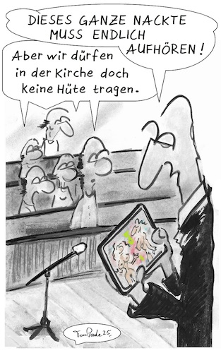 Cartoon: Neujahrsandacht (medium) by TomPauLeser tagged neujahrsandacht,andacht,nackte,nackt,porno,pornografie,unheil,heil,glatze,glatzköpfe,köpfe,pfarrer,priester,kirche,predigt