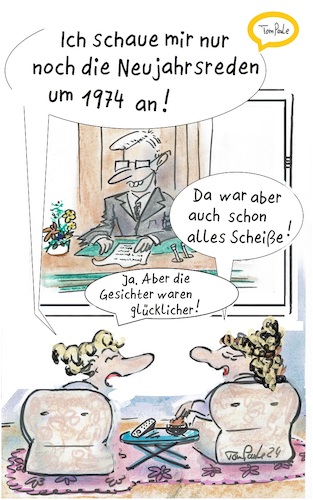 Cartoon: Neujahrsansprache (medium) by TomPauLeser tagged neujahr,neujahrsrede,neujahrsansprache,fernseher,bundespräsident,rede,1974,glücklich,frustriert,gesicht