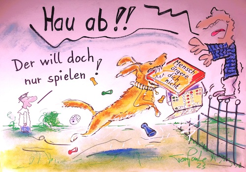 Cartoon: Nur spielen (medium) by TomPauLeser tagged hund,mensch,ärgere,dich,nicht,halsband,zaun,hundeangst,angst,vor,hunde
