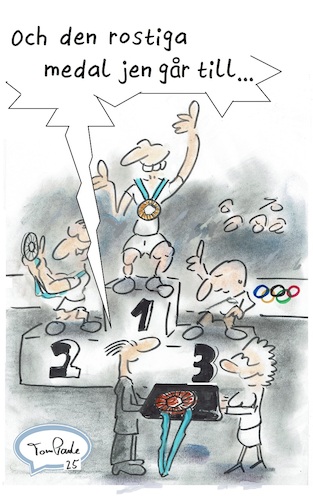 Cartoon: Rostiga Olympia (medium) by TomPauLeser tagged och,den,rostiga,medaljen,gar,till,olympia,silvermedalj,guldmedalj,brons,bronsmedalj,guld,silver,sport,idrottare,vinnare,prisceremoni,heder