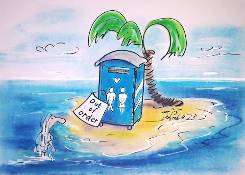 Cartoon: WC defekt (medium) by TomPauLeser tagged insel,inselwitz,palme,dixiklo,wc,container,bedürfnis,gestrandet,pipi,fäkalien,toitoi,dixi,latrine,plumsklo