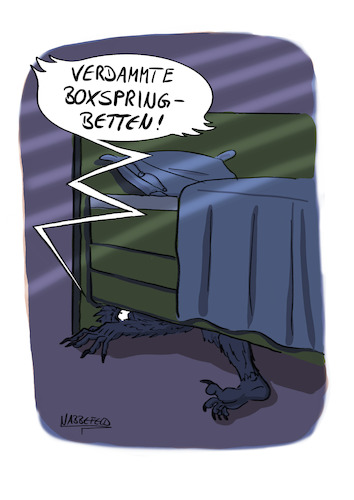 Cartoon: Boxspringdilemma (medium) by SandraNabbefeld tagged cartoon,cartoonist,humor,lustig,funny,komisch,absurd,lifestyle,boxspringbett,monster,nacht,untermbett,versteck,lauern,eng,platzmangel,sandranabbefeld,nabbefeld