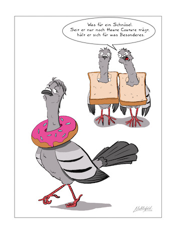 Cartoon: Tauben Haute Couture (medium) by SandraNabbefeld tagged tauben,vögel,humor,hautecouture,schnösel,mode,donut,doughnut