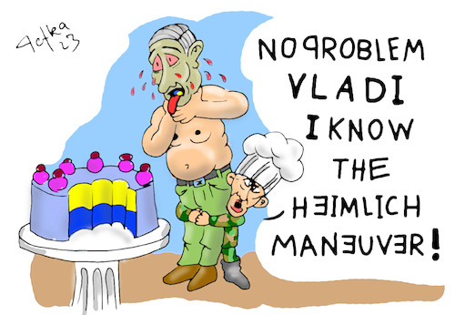Cartoon: Heimlich Maneuver (medium) by pefka tagged putin,prigoschin,war,ucraine,ukraine