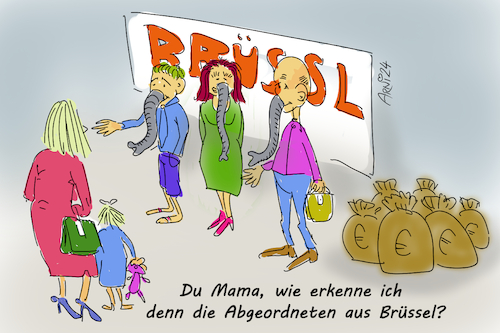 Cartoon: EU oder Rüsselsheim (medium) by Arni tagged brüssel,rüssel,eu,abgeordnete,parlament,kind,tochter,mutter,eltern,junge,sohn,frage,geld,hand,aufhalten