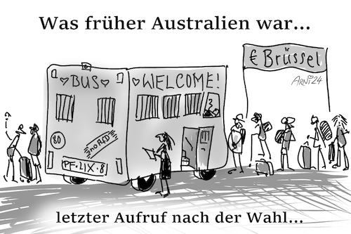 Cartoon: Letzte Zuflucht Brüssel (medium) by Arni tagged brüssel,posten,pöstchen,wahl,eu,parlament,lobby,australien,bus,flix,pflix,abgeordnete,geld,abfahrt,einstieg,umzug