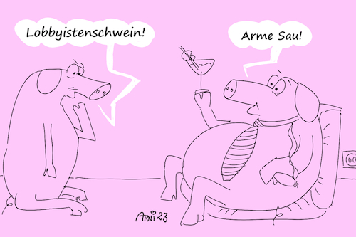 Cartoon: Schweinische Ansichten (medium) by Arni tagged lobby,lobbyist,lobbyistin,bestechung,beeinflussung,sau,schwein,ferkel,zigarre,wein,sekt,cocktail